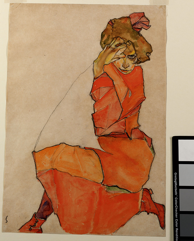 Egon Schiele, Kneeling Female in Orange Red Dress, 1910. ©Leopold Museum, Vienna Egon Schiele, Kneeling Female in Orange Red Dress, 1910. ©Leopold Museum, Vienna