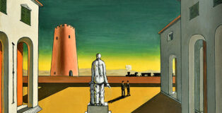 Giorgio de Chirico - Piazza d'Italia, Monumento al Poeta, olio su tela, 40x50 cm, iniziato nel 1953 e terminato nel 1972