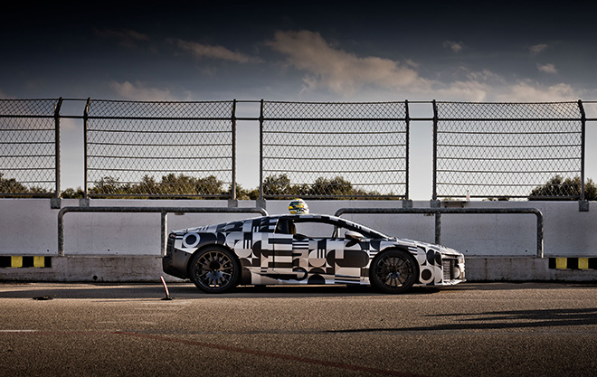 The Audi Nuvolari in 405 days. Gabriel Bortoleto, driver for the Audi Revolut F1 Team, tests the Audi Nuvolari on the high-speed track at the Nardò Technical Center in southern Italy.