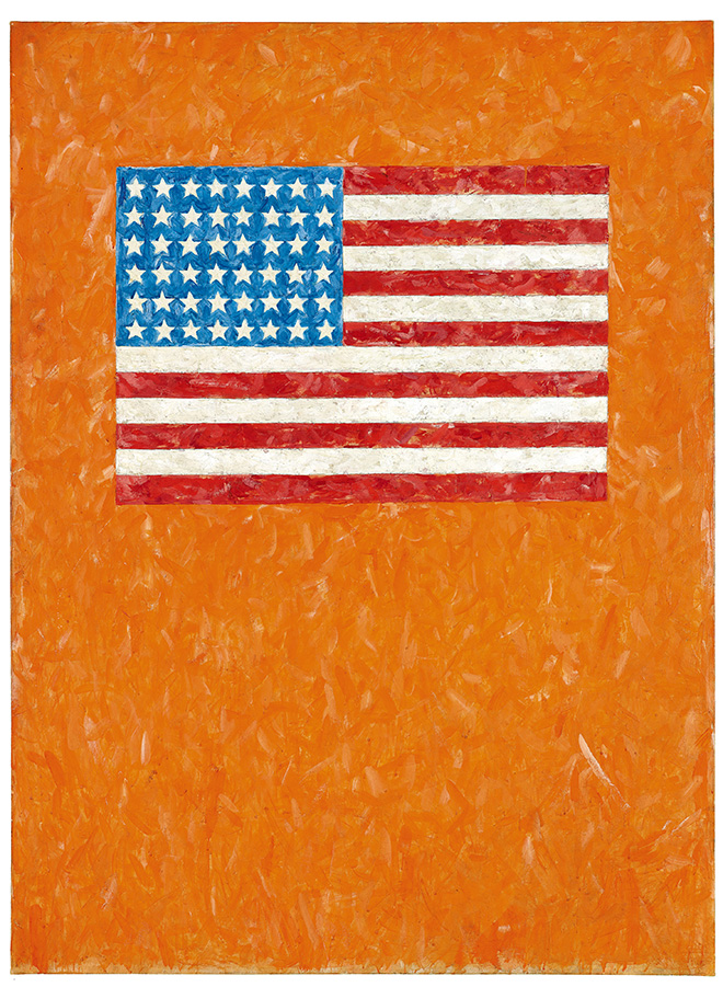 JASPER JOHNS - Flag on Orange Field, 1957, Encaustic on canvas, 167.6 x 123.8 cm, Museum Ludwig, Cologne, Gift, Ludwig Collection, 1976. © Jasper Johns, VEGAP, Bilbao, 2026