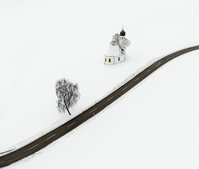Water in Bavarian Countryside by Aleksandra Wilk, Germany / The 2nd International Aerial Photographer of the Year 2026 The Above Snow Award Winner.