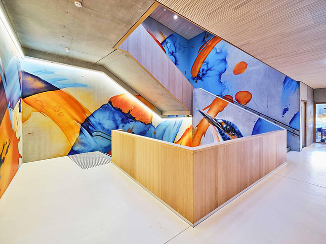 JSWD + Jim Clemes Ass. – Ecole Brouch: Primary School, Esch-sur-Alzette, Luxembourg. Artwork of the Stairwell: Daniel Mac Lloyd Photo credit: Andres Lejona.