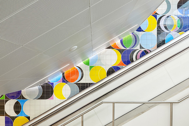 Eglinton Crosstown LRT, Toronto. Integrated art brings colour and energy to stations and accompanies passengers down to the platform. Photo credit: Tom Arban Eglinton Crosstown LRT, Toronto. Integrated art brings colour and energy to stations and accompanies passengers down to the platform. Photo credit: Tom Arban