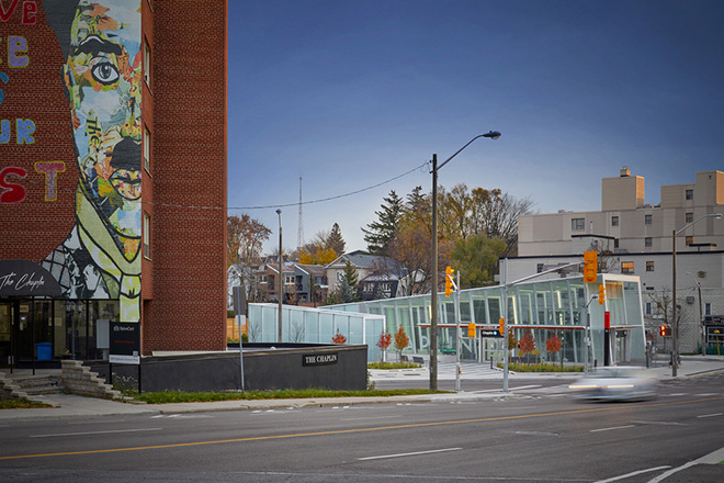 Eglinton Crosstown LRT, Toronto. The glass pavilions showcase the transformative power of simplicity within the urban fabric. Photo credit: Tom Arban Eglinton Crosstown LRT, Toronto. The glass pavilions showcase the transformative power of simplicity within the urban fabric. Photo credit: Tom Arban