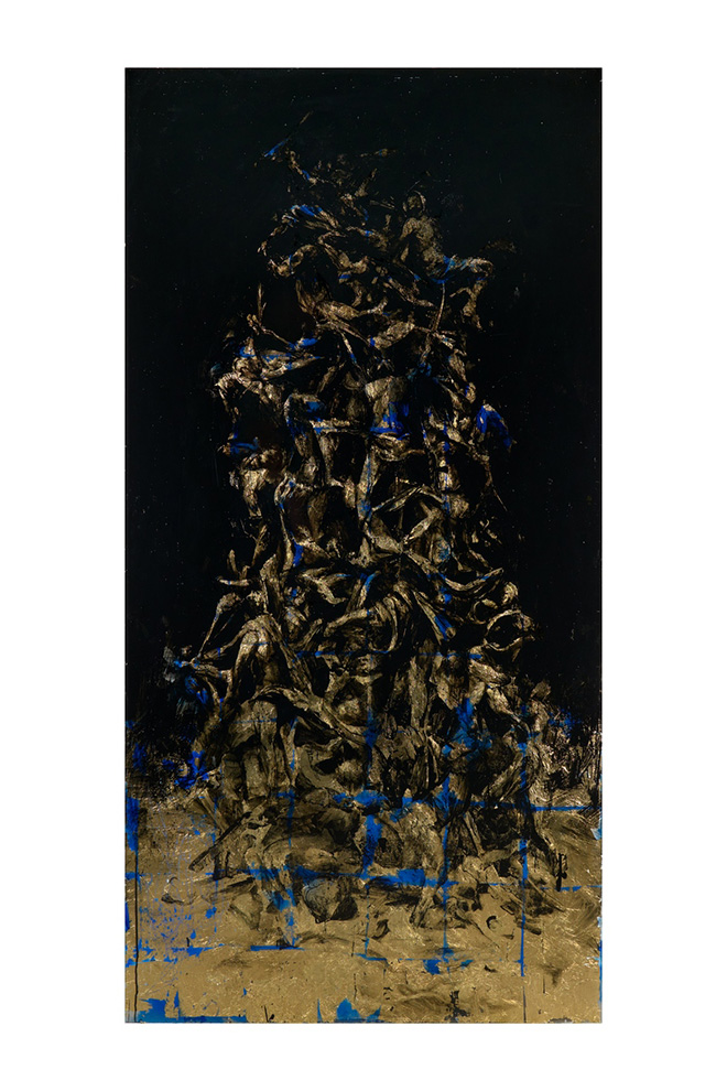 Gonzalo Borondo - Babel, 2026, acrilico e foglia d'oro su vetro, 194x97 cm. Foto: Federico Beccari Gonzalo Borondo - Babel, 2026, acrilico e foglia d'oro su vetro, 194x97 cm. Foto: Federico Beccari