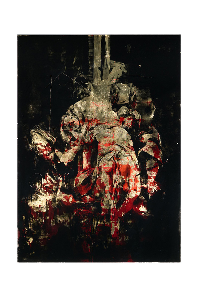 Gonzalo Borondo - Trittico della Discesa I, 2026, acrilico e foglia d'oro su vetro, 160x115, cm. Foto: Federico Beccari Gonzalo Borondo - Trittico della Discesa I, 2026, acrilico e foglia d'oro su vetro, 160x115, cm. Foto: Federico Beccari