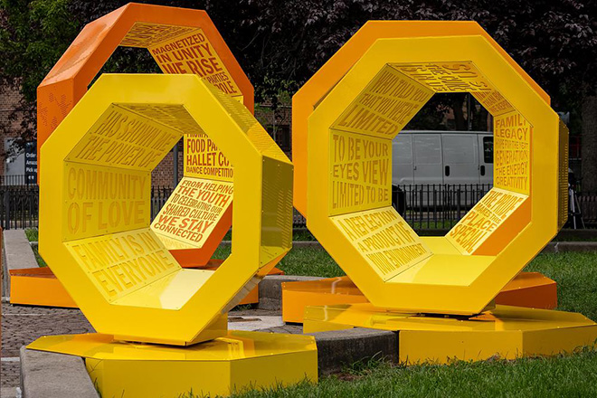 The Urban Conga - Revolving Voices, Astoria Houses, New York. Wrapped within the artwork are the words of local poet Tamra Cosby, created with the Astoria Houses community. Photo credit: Tameek Williams The Urban Conga - Revolving Voices, Astoria Houses, New York. Wrapped within the artwork are the words of local poet Tamra Cosby, created with the Astoria Houses community. Photo credit: Tameek Williams