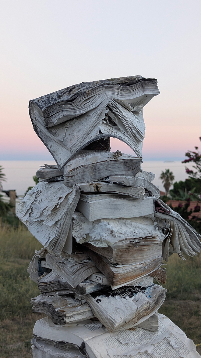 Opiemme - A books totem, after 3.5 years outside. Sept 2026