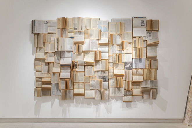 Opiemme - Bandiere (Flags), 2026, books installation, 150 x 250 x ca 20 cm.
