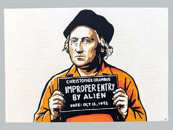 LAIKA - COLUMBUS WAS NOT WELCOME, marker e acrilico su carta trattata a rilievo, 33x48
