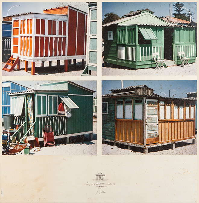 Ugo La Pietra: Fare casa: le case del Poetto. La spiaggia del Poetto. Tecnica mista su carta 50x50 cm 1978